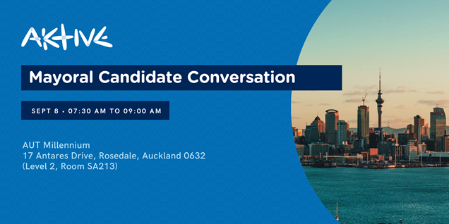 Graphic detailing Mayoral Candidate Conversation event with skyline image of Auckland in the background