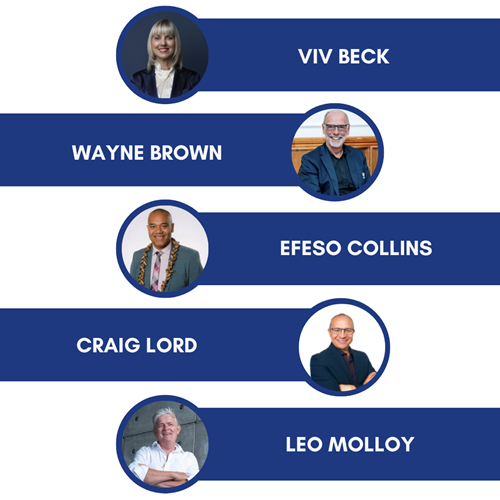 Graphic of five 2022 Mayoral Candidates, Viv Beck, Wayne Brown, Efeso Collins, Craig Lord and Leo Molloy